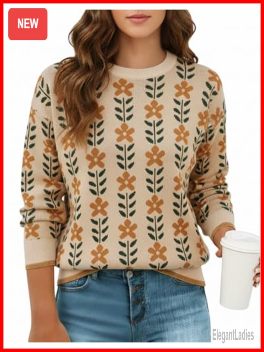 Women's Floral Knit Pullover Sweater Oversized Loose Fit Long Sleeve